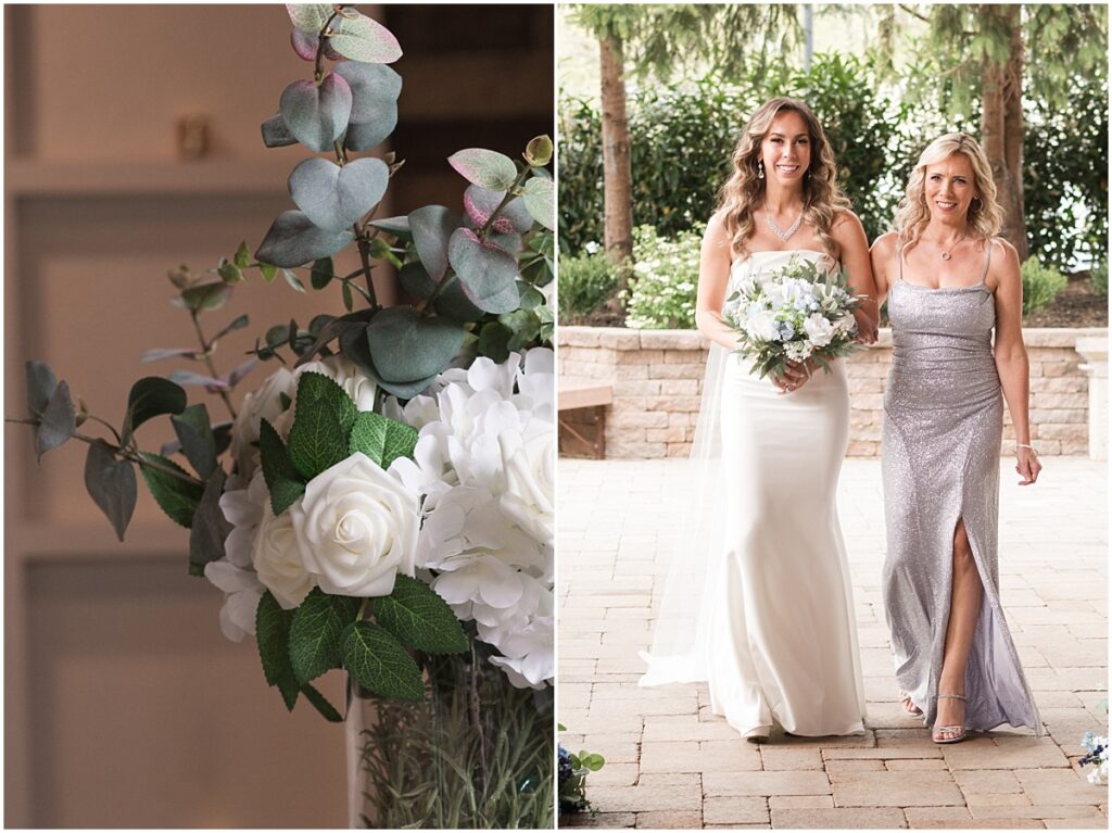 bride and mom walking down the aisle during ceremony at Stone House at Stirling Ridge in Warren NJ