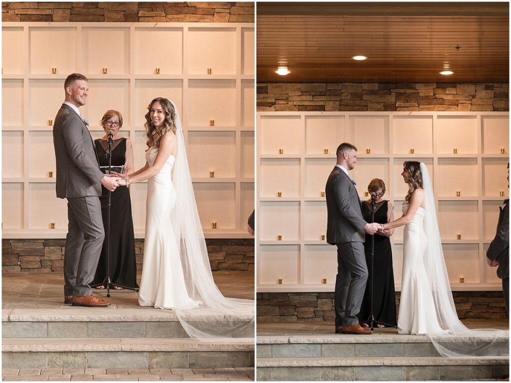 Bride and groom during ceremony at the Stone house at Stirling ridge