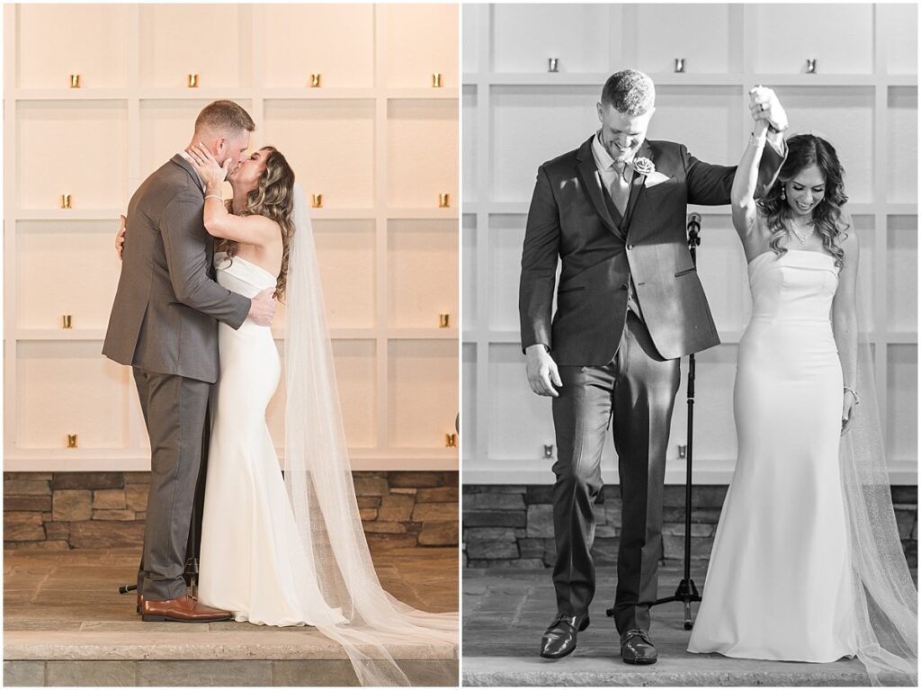 Newlyweds kissing at the end of ceremony in the Stone house at Stirling ridge
