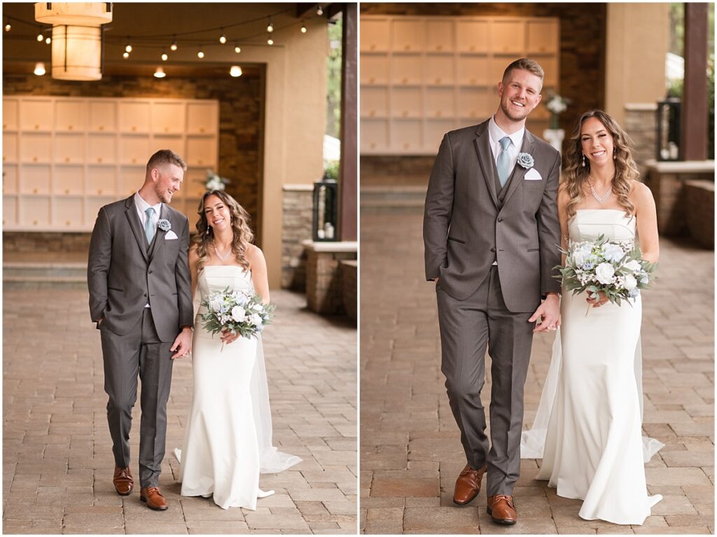 Bride and groom posing for pictures and smiling to the camera at the Stone house at Stirling ridge