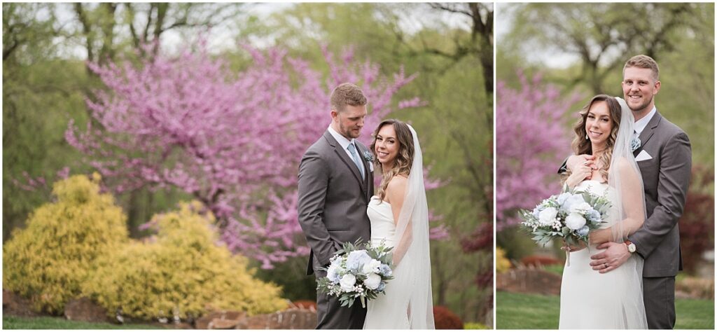 Bride and groom smiling at the camera in the garden at the Stone house at Stirling ridge