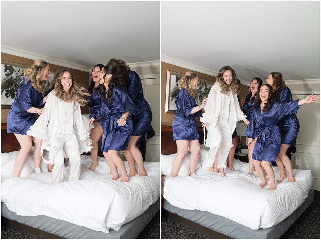 Bride and bridesmaids jumping on the bed with joy