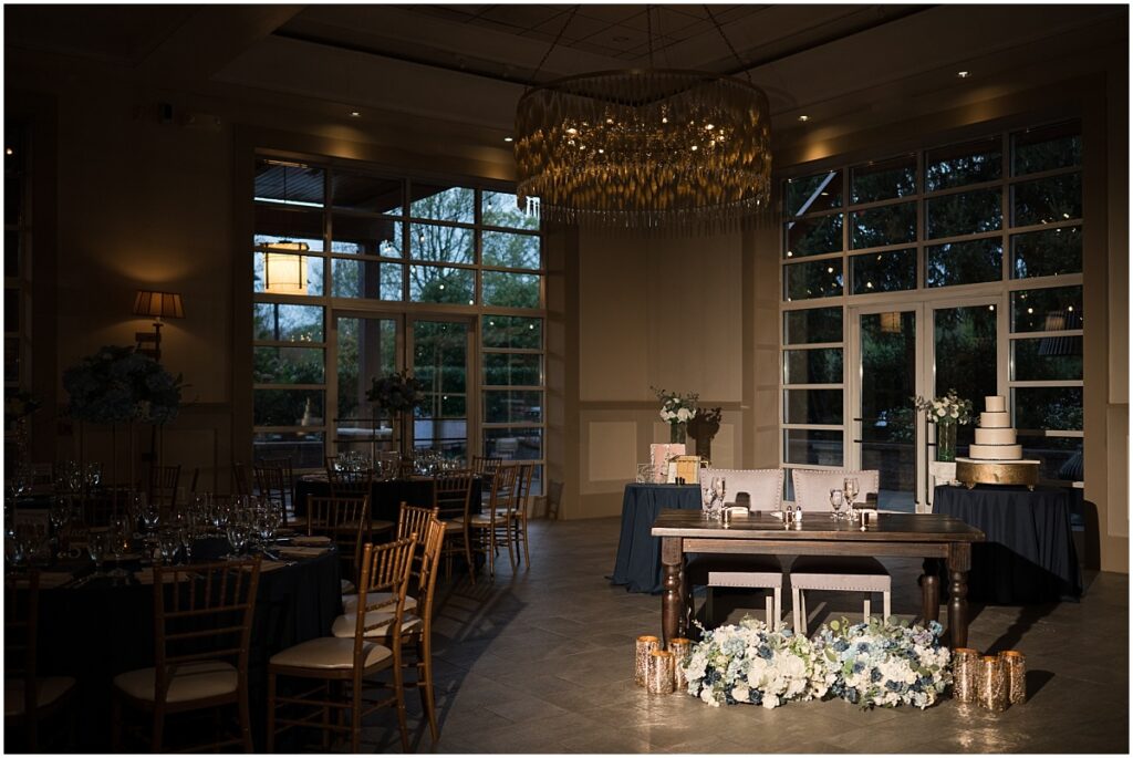 Sweetheart table in the Grand Ballroom at the Stone house at Stirling ridge