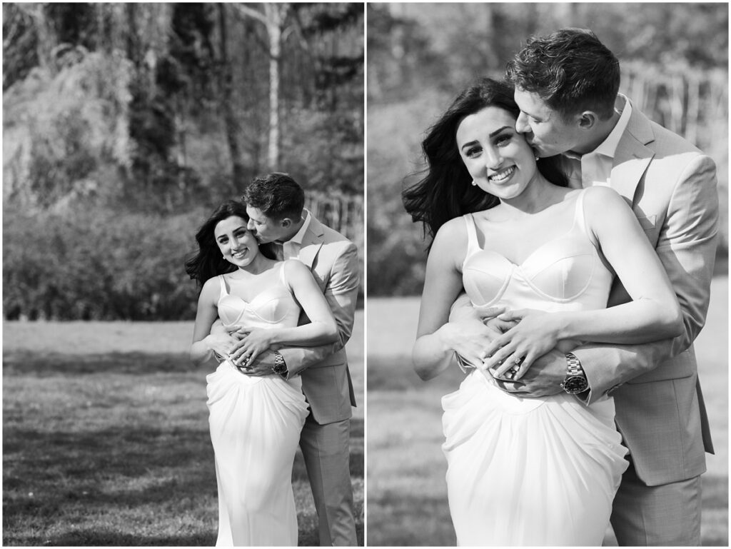 black and white photos of a couple posing for engagement pictures at the Skylands Manor