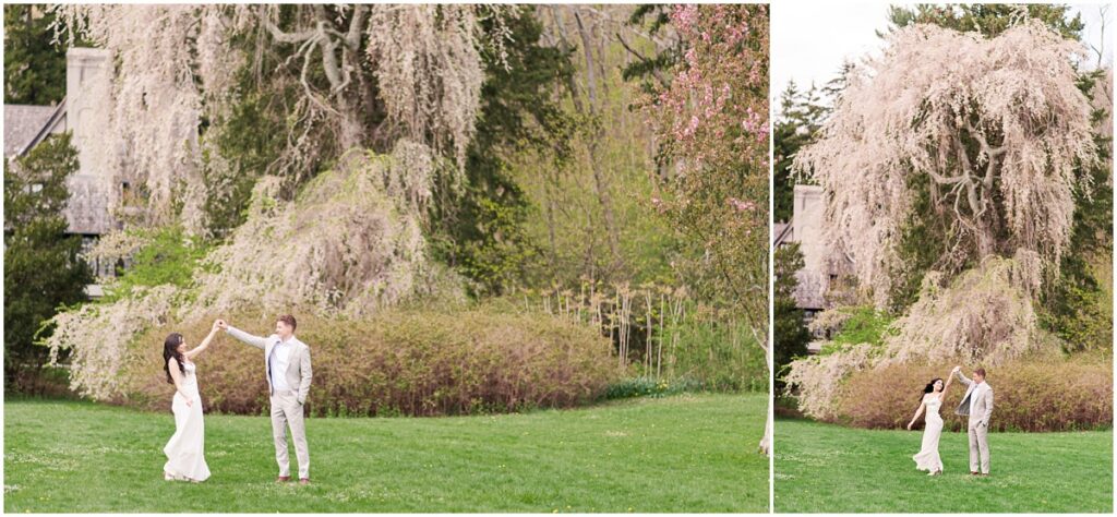 couple dancing during engagement session at the Skylands Manor